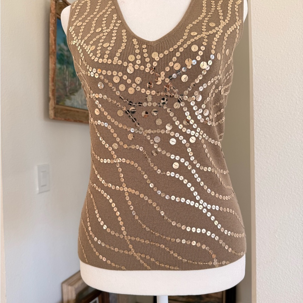 Vintage Elegant Sequin Embellished Tan Tank Top